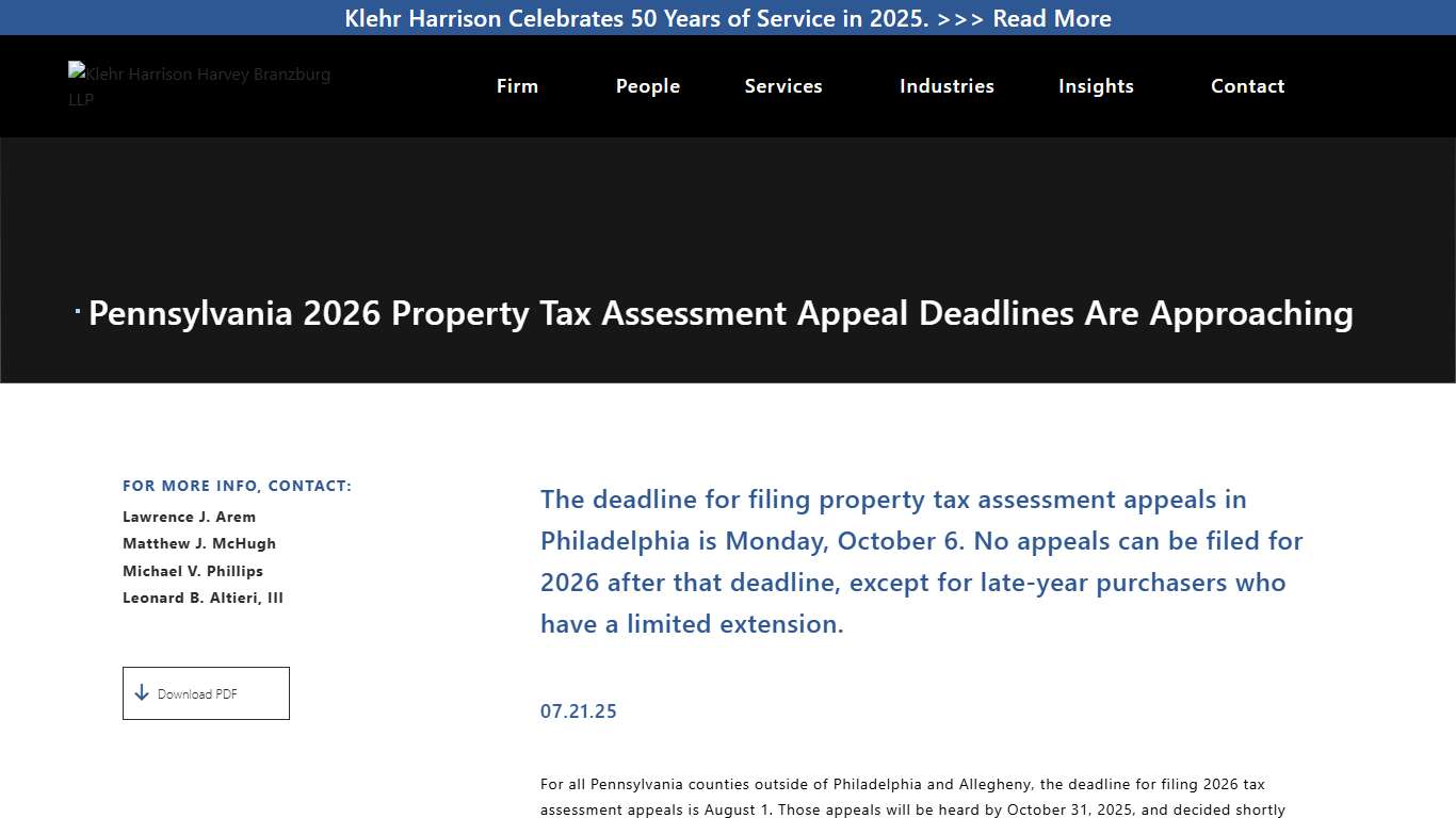 Pennsylvania 2026 Property Tax Assessment Appeal Deadlines Are Approaching - Klehr Harrison Harvey Branzburg LLP
